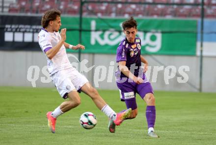 Fussball 2. Liga. SK Austria Klagenfurt gegen Young Violett Austria Wien. Elias Jandrisevits  (Klagenfurt),  Marijan Oesterreicher  (Wien). Klagenfurt, 8.8.2025.
Foto: Kuess
www.qspictures.net
---
pressefotos, pressefotografie, kuess, qs, qspictures, sport, bild, bilder, bilddatenbank