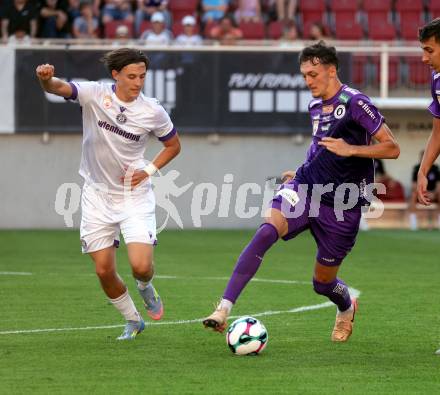 Fussball 2. Liga. SK Austria Klagenfurt gegen Young Violett Austria Wien. Marcel Krnjic  (Klagenfurt),  Konstantin Aleksa  (Wien). Klagenfurt, 8.8.2025.
Foto: Kuess
www.qspictures.net
---
pressefotos, pressefotografie, kuess, qs, qspictures, sport, bild, bilder, bilddatenbank