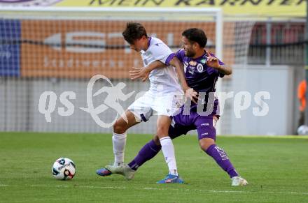 Fussball 2. Liga. SK Austria Klagenfurt gegen Young Violett Austria Wien.  Marco Sebastian Gantschnig (Klagenfurt), Konstantin Aleksa   (Wien). Klagenfurt, 8.8.2025.
Foto: Kuess
www.qspictures.net
---
pressefotos, pressefotografie, kuess, qs, qspictures, sport, bild, bilder, bilddatenbank