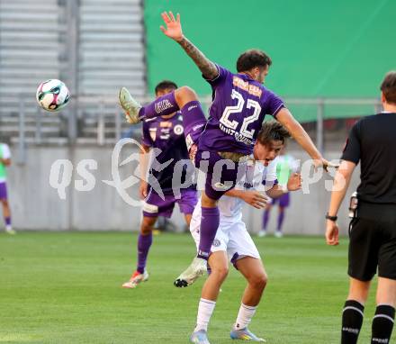 Fussball 2. Liga. SK Austria Klagenfurt gegen Young Violett Austria Wien.  Marco Sebastian Gantschnig (Klagenfurt),   Konstantin Aleksa (Wien). Klagenfurt, 8.8.2025.
Foto: Kuess
www.qspictures.net
---
pressefotos, pressefotografie, kuess, qs, qspictures, sport, bild, bilder, bilddatenbank