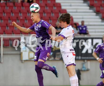 Fussball 2. Liga. SK Austria Klagenfurt gegen Young Violett Austria Wien.  Bartol Barisic (Klagenfurt),  Nicola Wojnar  (Wien). Klagenfurt, 8.8.2025.
Foto: Kuess
www.qspictures.net
---
pressefotos, pressefotografie, kuess, qs, qspictures, sport, bild, bilder, bilddatenbank