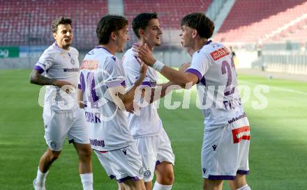 Fussball 2. Liga. SK Austria Klagenfurt gegen Young Violett Austria Wien.  Torjubel Felix Fischer  (Wien). Klagenfurt, 8.8.2025.
Foto: Kuess
www.qspictures.net
---
pressefotos, pressefotografie, kuess, qs, qspictures, sport, bild, bilder, bilddatenbank