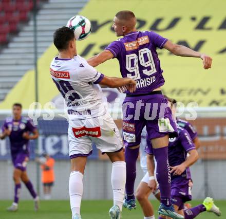 Fussball 2. Liga. SK Austria Klagenfurt gegen Young Violett Austria Wien.  Bartol Barisic (Klagenfurt),   Dejan Radonjic (Wien). Klagenfurt, 8.8.2025.
Foto: Kuess
www.qspictures.net
---
pressefotos, pressefotografie, kuess, qs, qspictures, sport, bild, bilder, bilddatenbank