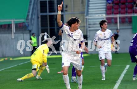 Fussball 2. Liga. SK Austria Klagenfurt gegen Young Violett Austria Wien.  Torjubel Felix Fischer   (Wien). Klagenfurt, 8.8.2025.
Foto: Kuess
www.qspictures.net
---
pressefotos, pressefotografie, kuess, qs, qspictures, sport, bild, bilder, bilddatenbank