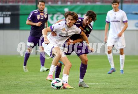 Fussball 2. Liga. SK Austria Klagenfurt gegen Young Violett Austria Wien.  Elias Jandrisevits (Klagenfurt), Marijan Oesterreicher   (Wien). Klagenfurt, 8.8.2025.
Foto: Kuess
www.qspictures.net
---
pressefotos, pressefotografie, kuess, qs, qspictures, sport, bild, bilder, bilddatenbank