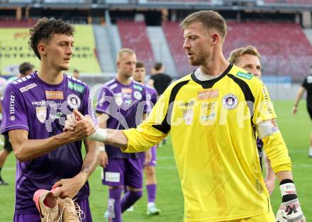 Fussball 2. Liga. SK Austria Klagenfurt gegen Young Violets Austria Wien. Marcel Krnjic, Manuel Kuttin  (Klagenfurt). Klagenfurt, 8.8.2025.
Foto: Kuess
www.qspictures.net
---
pressefotos, pressefotografie, kuess, qs, qspictures, sport, bild, bilder, bilddatenbank