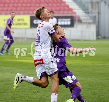 Fussball 2. Liga. SK Austria Klagenfurt gegen Young Violets Austria Wien. Marc Andre Schmerboeck (Klagenfurt), Philipp Maybach (Wien). Klagenfurt, 8.8.2025.
Foto: Kuess
www.qspictures.net
---
pressefotos, pressefotografie, kuess, qs, qspictures, sport, bild, bilder, bilddatenbank