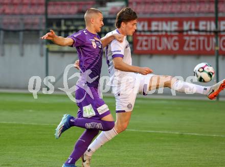 Fussball 2. Liga. SK Austria Klagenfurt gegen Young Violets Austria Wien. Bartol Barisic  (Klagenfurt), Nicola Wojnar (Wien).  Klagenfurt, 8.8.2025.
Foto: Kuess
www.qspictures.net
---
pressefotos, pressefotografie, kuess, qs, qspictures, sport, bild, bilder, bilddatenbank