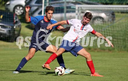 Fussball Unterliga Mitte. Arriach gegen Ludmannsdorf.  Niklas Stinnig  (Arriach),  Luka Bagislar (Ludmannsdorf).  Arriach, am 9.8.2025.
Foto. Kuess
www.qspictures.net
---
pressefotos, pressefotografie, kuess, qs, qspictures, sport, bild, bilder, bilddatenbank