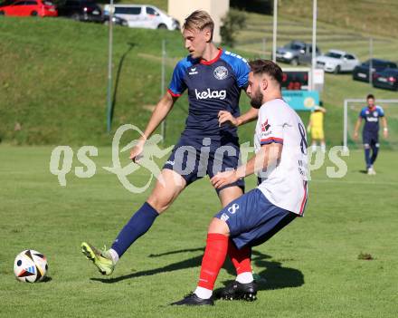Fussball Unterliga Mitte. Arriach gegen Ludmannsdorf. Marin Bratic   (Arriach),  Rok Tomazic  (Ludmannsdorf).  Arriach, am 9.8.2025.
Foto. Kuess
www.qspictures.net
---
pressefotos, pressefotografie, kuess, qs, qspictures, sport, bild, bilder, bilddatenbank