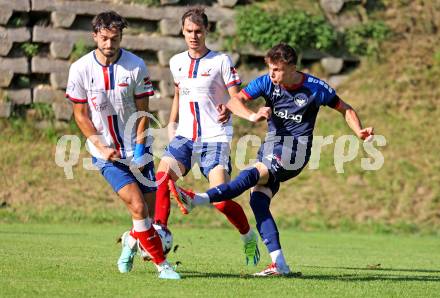 Fussball Unterliga Mitte. Arriach gegen Ludmannsdorf.  David Petrusic  (Arriach), Pascal Pressegger  (Ludmannsdorf).  Arriach, am 9.8.2025.
Foto. Kuess
www.qspictures.net
---
pressefotos, pressefotografie, kuess, qs, qspictures, sport, bild, bilder, bilddatenbank