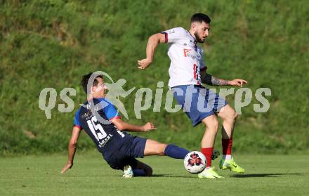 Fussball Unterliga Mitte. Arriach gegen Ludmannsdorf.  Maximilian Milosevic  (Arriach),  Luka Bagislar  (Ludmannsdorf).  Arriach, am 9.8.2025.
Foto. Kuess
www.qspictures.net
---
pressefotos, pressefotografie, kuess, qs, qspictures, sport, bild, bilder, bilddatenbank