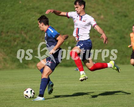 Fussball Unterliga Mitte. Arriach gegen Ludmannsdorf.  Adnan Pozderac  (Arriach),  Luka Bagislar  (Ludmannsdorf).  Arriach, am 9.8.2025.
Foto. Kuess
www.qspictures.net
---
pressefotos, pressefotografie, kuess, qs, qspictures, sport, bild, bilder, bilddatenbank