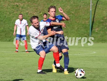 Fussball Unterliga Mitte. Arriach gegen Ludmannsdorf.  Marin Bratic  (Arriach),  Julian Hobel  (Ludmannsdorf).  Arriach, am 9.8.2025.
Foto. Kuess
www.qspictures.net
---
pressefotos, pressefotografie, kuess, qs, qspictures, sport, bild, bilder, bilddatenbank