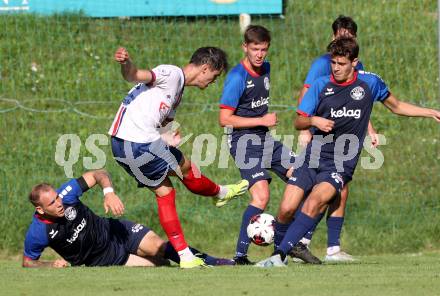 Fussball Unterliga Mitte. Arriach gegen Ludmannsdorf.  Adnan Pozderac  (Arriach),  Luka Bagislar  (Ludmannsdorf).  Arriach, am 9.8.2025.
Foto. Kuess
www.qspictures.net
---
pressefotos, pressefotografie, kuess, qs, qspictures, sport, bild, bilder, bilddatenbank
