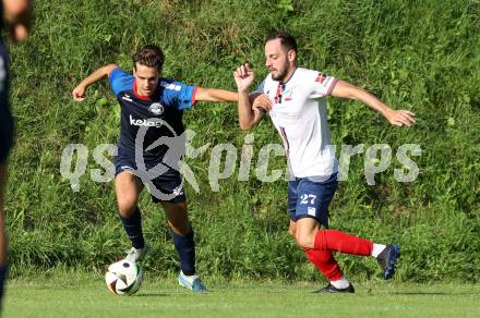 Fussball Unterliga Mitte. Arriach gegen Ludmannsdorf.  Matteo Tomicek (Arriach),  Luka Bagislar  (Ludmannsdorf).  Arriach, am 9.8.2025.
Foto. Kuess
www.qspictures.net
---
pressefotos, pressefotografie, kuess, qs, qspictures, sport, bild, bilder, bilddatenbank