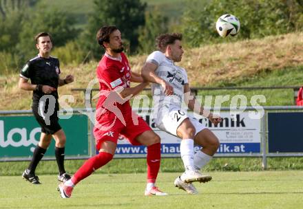 Fussball Kaerntner Liga.  Koettmannsdorf gegen SAK.  Daniel Hans Genser (Koettmannsdorf),   Marko Huc  (SAK).  Klagenfurt, am 17.8.2025.
Foto. Kuess
www.qspictures.net
---
pressefotos, pressefotografie, kuess, qs, qspictures, sport, bild, bilder, bilddatenbank