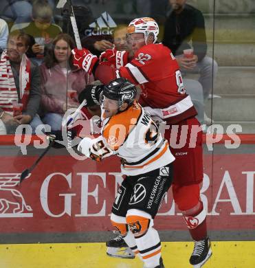 Eishockey Bundesliga. Testspiel. KAC gegen Grizzlys Wolfsburg. Thimo Nickl (KAC), Matt White (Wolfsburg) Klagenfurt, am 20.8.2025.
Foto: Kuess
www.qspictures.net
---
pressefotos, pressefotografie, kuess, qs, qspictures, sport, bild, bilder, bilddatenbank