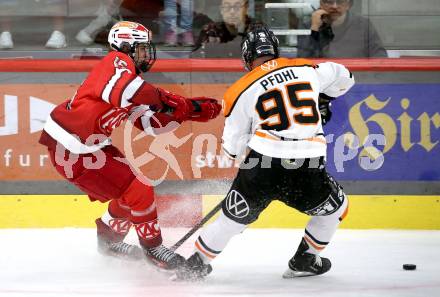 Eishockey Bundesliga. Testspiel. KAC gegen Grizzlys Wolfsburg. Johannes Dobrovolny  (KAC),  Fabio Pfohl (Wolfsburg) Klagenfurt, am 20.8.2025.
Foto: Kuess
www.qspictures.net
---
pressefotos, pressefotografie, kuess, qs, qspictures, sport, bild, bilder, bilddatenbank
