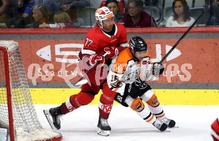 Eishockey Bundesliga. Testspiel. KAC gegen Grizzlys Wolfsburg. Mathias From (KAC), Jacob Hayhurst (Wolfsburg) Klagenfurt, am 20.8.2025.
Foto: Kuess
www.qspictures.net
---
pressefotos, pressefotografie, kuess, qs, qspictures, sport, bild, bilder, bilddatenbank