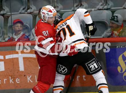 Eishockey Bundesliga. Testspiel. KAC gegen Grizzlys Wolfsburg. Finn Van Ee (KAC), Justin Feser (Wolfsburg) Klagenfurt, am 20.8.2025.
Foto: Kuess
www.qspictures.net
---
pressefotos, pressefotografie, kuess, qs, qspictures, sport, bild, bilder, bilddatenbank