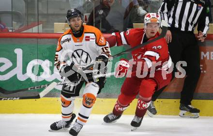 Eishockey Bundesliga. Testspiel. KAC gegen Grizzlys Wolfsburg. Thimo Nickl (KAC), Jacob Hayhurst  (Wolfsburg) Klagenfurt, am 20.8.2025.
Foto: Kuess
www.qspictures.net
---
pressefotos, pressefotografie, kuess, qs, qspictures, sport, bild, bilder, bilddatenbank
