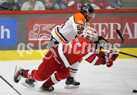 Eishockey Bundesliga. Testspiel. KAC gegen Grizzlys Wolfsburg. Thomas Hundertpfund (KAC), Tyler Gaudet (Wolfsburg) Klagenfurt, am 20.8.2025.
Foto: Kuess
www.qspictures.net
---
pressefotos, pressefotografie, kuess, qs, qspictures, sport, bild, bilder, bilddatenbank