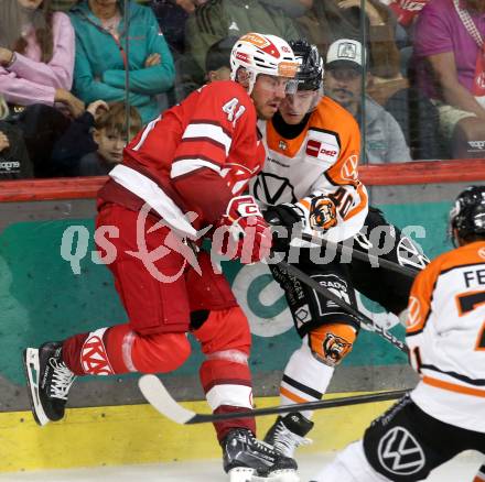 Eishockey Bundesliga. Testspiel. KAC gegen Grizzlys Wolfsburg. Jesper Jensen Aabo (KAC), Julian Chrobot  (Wolfsburg) Klagenfurt, am 20.8.2025.
Foto: Kuess
www.qspictures.net
---
pressefotos, pressefotografie, kuess, qs, qspictures, sport, bild, bilder, bilddatenbank