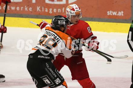 Eishockey Bundesliga. Testspiel. KAC gegen Grizzlys Wolfsburg. Finn Van Ee  (KAC), Matt Choupani  (Wolfsburg) Klagenfurt, am 20.8.2025.
Foto: Kuess
www.qspictures.net
---
pressefotos, pressefotografie, kuess, qs, qspictures, sport, bild, bilder, bilddatenbank