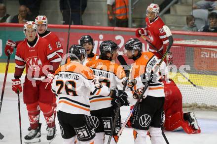 Eishockey Bundesliga. Testspiel. KAC gegen Grizzlys Wolfsburg. Torjubel  (Wolfsburg) Klagenfurt, am 20.8.2025.
Foto: Kuess
www.qspictures.net
---
pressefotos, pressefotografie, kuess, qs, qspictures, sport, bild, bilder, bilddatenbank