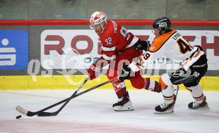 Eishockey Bundesliga. Testspiel. KAC gegen Grizzlys Wolfsburg. Clemens Unterweger (KAC), Bobby Lynch (Wolfsburg) Klagenfurt, am 20.8.2025.
Foto: Kuess
www.qspictures.net
---
pressefotos, pressefotografie, kuess, qs, qspictures, sport, bild, bilder, bilddatenbank