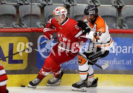 Eishockey Bundesliga. Testspiel. KAC gegen Grizzlys Wolfsburg. Finn Van Ee  (KAC), Bjoern Krupp (Wolfsburg) Klagenfurt, am 20.8.2025.
Foto: Kuess
www.qspictures.net
---
pressefotos, pressefotografie, kuess, qs, qspictures, sport, bild, bilder, bilddatenbank