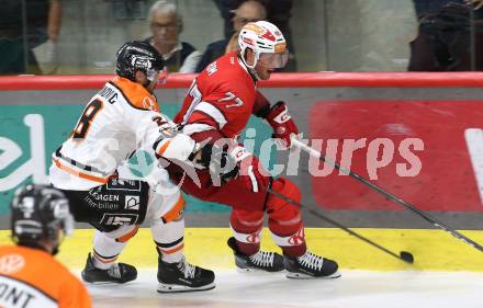 Eishockey Bundesliga. Testspiel. KAC gegen Grizzlys Wolfsburg. Mathias From  (KAC), Jimmy Martinovic (Wolfsburg) Klagenfurt, am 20.8.2025.
Foto: Kuess
www.qspictures.net
---
pressefotos, pressefotografie, kuess, qs, qspictures, sport, bild, bilder, bilddatenbank