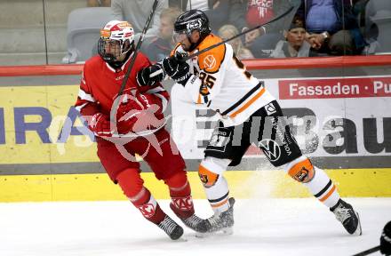 Eishockey Bundesliga. Testspiel. KAC gegen Grizzlys Wolfsburg. Johannes Dobrovolny  (KAC), Fabio Pfohl  (Wolfsburg).  Klagenfurt, am 20.8.2025.
Foto: Kuess
www.qspictures.net
---
pressefotos, pressefotografie, kuess, qs, qspictures, sport, bild, bilder, bilddatenbank