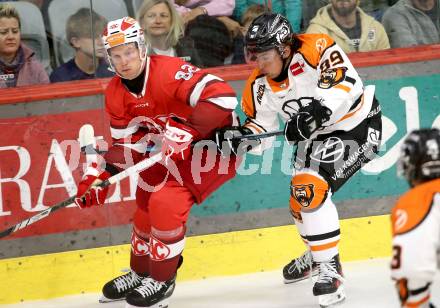 Eishockey Bundesliga. Testspiel. KAC gegen Grizzlys Wolfsburg. Thimo Nickl  (KAC), Matt Choufani (Wolfsburg) Klagenfurt, am 20.8.2025.
Foto: Kuess
www.qspictures.net
---
pressefotos, pressefotografie, kuess, qs, qspictures, sport, bild, bilder, bilddatenbank