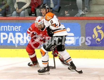 Eishockey Bundesliga. Testspiel. KAC gegen Grizzlys Wolfsburg. Thomas Hundertpfund (KAC), Ethan Prow  (Wolfsburg) Klagenfurt, am 20.8.2025.
Foto: Kuess
www.qspictures.net
---
pressefotos, pressefotografie, kuess, qs, qspictures, sport, bild, bilder, bilddatenbank