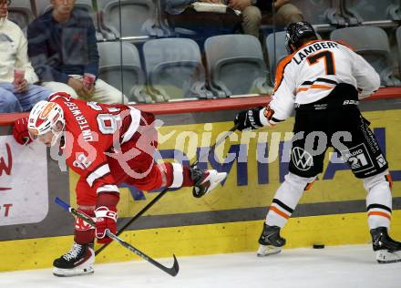 Eishockey Bundesliga. Testspiel. KAC gegen Grizzlys Wolfsburg. Clemens Unterweger (KAC), Jimmy Lambert  (Wolfsburg).  Klagenfurt, am 20.8.2025.
Foto: Kuess
www.qspictures.net
---
pressefotos, pressefotografie, kuess, qs, qspictures, sport, bild, bilder, bilddatenbank