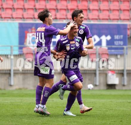 Fussball 2. Liga. SK Austria Klagenfurt gegen SW Bregenz.  Torjubel Almir Oda, Elias Jandrisevits, Michael Lang,  (Klagenfurt). Klagenfurt, 23.8.2025.
Foto: Kuess
www.qspictures.net
---
pressefotos, pressefotografie, kuess, qs, qspictures, sport, bild, bilder, bilddatenbank