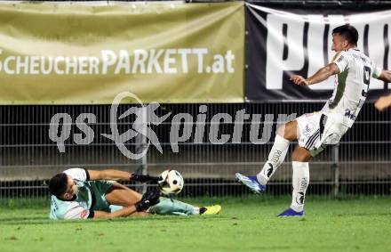 Fussball OEFB Cup. Velden gegen Hartberg. Marko Soldo  (Velden),  Patrik Mijic  (Hartberg). Velden, am 27.8.2025.
Foto: Kuess
www.qspictures.net
---
pressefotos, pressefotografie, kuess, qs, qspictures, sport, bild, bilder, bilddatenbank
