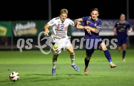 Fussball OEFB Cup. Velden gegen Hartberg. Tom Zurga (Velden), Dominic Vincze  (Hartberg). Velden, am 27.8.2025.
Foto: Kuess
www.qspictures.net
---
pressefotos, pressefotografie, kuess, qs, qspictures, sport, bild, bilder, bilddatenbank
