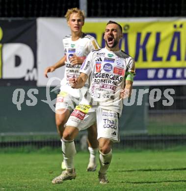 Fussball OEFB Cup. Velden gegen Hartberg.  Torjubel Juergen Heil  (Hartberg). Velden, am 27.8.2025.
Foto: Kuess
www.qspictures.net
---
pressefotos, pressefotografie, kuess, qs, qspictures, sport, bild, bilder, bilddatenbank