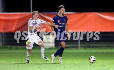 Fussball OEFB Cup. Velden gegen Hartberg.  Thorsten Mahrer (Velden),  Benjamin MarkuÅ¡  (Hartberg). Velden, am 27.8.2025.
Foto: Kuess
www.qspictures.net
---
pressefotos, pressefotografie, kuess, qs, qspictures, sport, bild, bilder, bilddatenbank