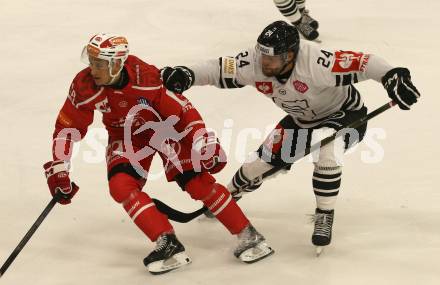 Eishockey Champions Hockey League. CHL. KAC gegen Sparta Prague. Luka Gomboc  (KAC),  Aaron Irving  (Prag). Klagenfurt, am 28.8.2025.
Foto: Kuess
www.qspictures.net
---
pressefotos, pressefotografie, kuess, qs, qspictures, sport, bild, bilder, bilddatenbank