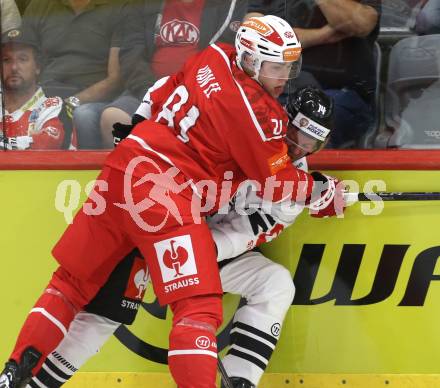Eishockey Champions Hockey League. CHL. KAC gegen Sparta Prague.  Finn Van Ee  (KAC),  Filip Chlapik (Prag). Klagenfurt, am 28.8.2025.
Foto: Kuess
www.qspictures.net
---
pressefotos, pressefotografie, kuess, qs, qspictures, sport, bild, bilder, bilddatenbank
