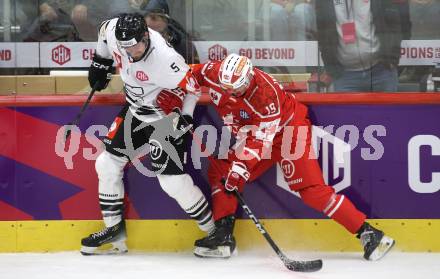 Eishockey Champions Hockey League. CHL. KAC gegen Sparta Prague. David Fasching   (KAC), Mikael Seppaelae (Prag). Klagenfurt, am 28.8.2025.
Foto: Kuess
www.qspictures.net
---
pressefotos, pressefotografie, kuess, qs, qspictures, sport, bild, bilder, bilddatenbank