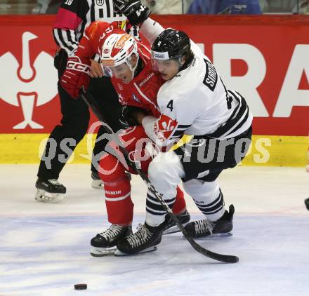 Eishockey Champions Hockey League. CHL. KAC gegen Sparta Prague.  Luka Gomboc  (KAC), Jakub Sirota  (Prag). Klagenfurt, am 28.8.2025.
Foto: Kuess
www.qspictures.net
---
pressefotos, pressefotografie, kuess, qs, qspictures, sport, bild, bilder, bilddatenbank