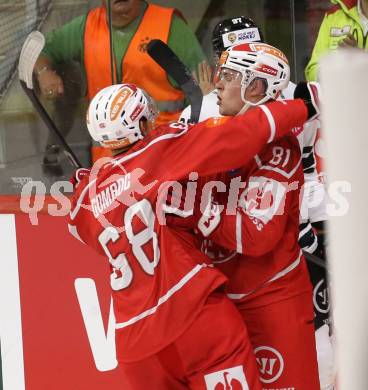 Eishockey Champions Hockey League. CHL. KAC gegen Sparta Prague.  Torjubel Luka Gomboc, Finn Van Ee  (KAC). Klagenfurt, am 28.8.2025.
Foto: Kuess
www.qspictures.net
---
pressefotos, pressefotografie, kuess, qs, qspictures, sport, bild, bilder, bilddatenbank