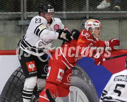 Eishockey Champions Hockey League. CHL. KAC gegen Sparta Prague. Finn Van Ee  (KAC), Pavel Kousal  (Prag). Klagenfurt, am 28.8.2025.
Foto: Kuess
www.qspictures.net
---
pressefotos, pressefotografie, kuess, qs, qspictures, sport, bild, bilder, bilddatenbank