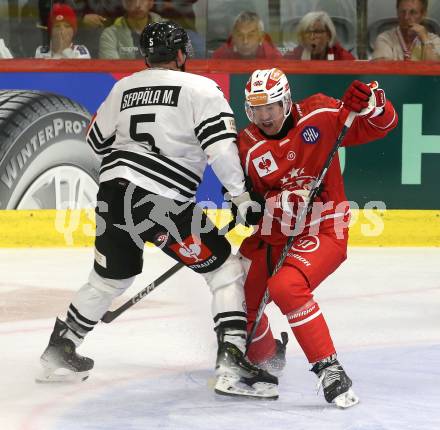 Eishockey Champions Hockey League. CHL. KAC gegen Sparta Prague.  Nicholas Petersen  (KAC), Mikael Seppaelae  (Prag). Klagenfurt, am 28.8.2025.
Foto: Kuess
www.qspictures.net
---
pressefotos, pressefotografie, kuess, qs, qspictures, sport, bild, bilder, bilddatenbank
