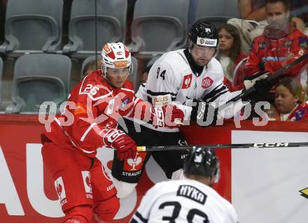 Eishockey Champions Hockey League. CHL. KAC gegen Sparta Prague.  Oliver Lam  (KAC), Filip Chlapik  (Prag). Klagenfurt, am 28.8.2025.
Foto: Kuess
www.qspictures.net
---
pressefotos, pressefotografie, kuess, qs, qspictures, sport, bild, bilder, bilddatenbank